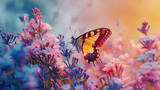 Fototapeta Kwiaty - Cool image of morning nature with butterfly against blurred meadow background. Beautiful spring - summer nature wallpaper
