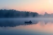 A person navigates a small boat across a serene lake surrounded by picturesque scenery, A misty dawn on a quiet lake with a lone fisherman, AI Generated