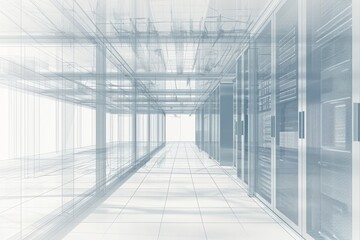 Poster - A Long Hallway With Rows of Servers, A monochromatic blueprint of a data center, AI Generated