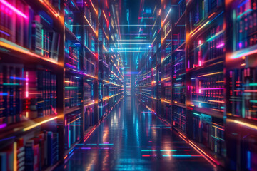 Abstract digital library background with holographic bookshelves and glowing neon light effects