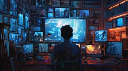 Poster - A man is sitting in front of a computer monitor with a blue background. The room is filled with monitors and bookshelves. The man is focused on the computer screen, possibly working or playing a game
