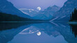 The moon hangs low in the sky reflecting off the shimmering surface of a glacial lake nestled amid towering peaks. . .