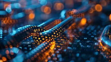 Poster - a chain of glowing dots is shown in a blue and orange color scheme. concept of technology and innova