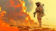 A man in a spacesuit is walking on a planet with orange clouds in the background. The scene is set in a science fiction world