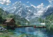 Serene Alpine Lake with a quaint wooden cabin and a small dock, surrounded by majestic snow-capped mountains. Generative AI
