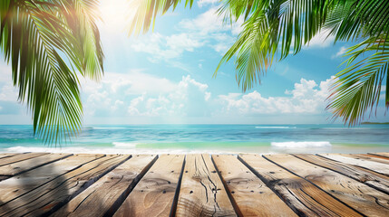 Top of wood table with seascape and palm leaves in summer