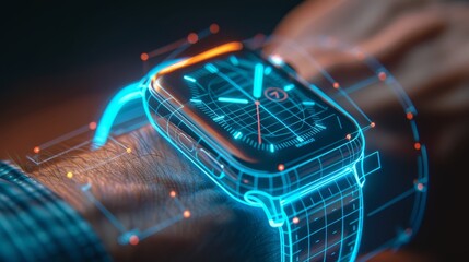 Poster - a watch with a blue face and red numbers is shown in a futuristic style. the watch is surrounded by 