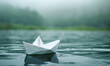 paper boat floats on a serene water surface, Generative AI 