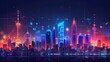 A city skyline is lit up in neon colors, creating a vibrant and energetic atmosphere. The buildings are tall and spread out, with some reaching towards the sky