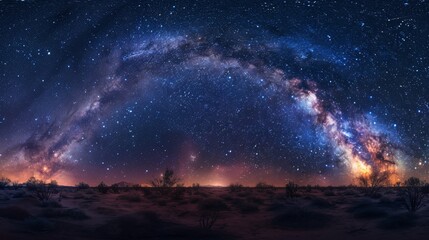 A beautiful night sky with a large, glowing arc of stars. The stars are scattered throughout the sky, creating a sense of depth and wonder. The image evokes a feeling of awe