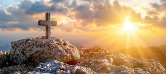 Wall Mural - Easter symbolism  cross on empty tomb in meadow at sunrise, religious concept on good friday