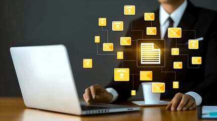 Aufkleber - The businessman is working using a laptop computer, managing various data digital files. generative ai illustration.