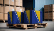 Stacked cardboard boxes and a Bosnia and Herzegovina flag on a pallet, representing international trade