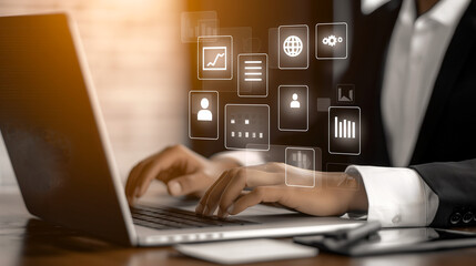 Aufkleber - The businessman is working using a laptop computer, managing various data digital files. generative ai illustration.