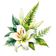 Boutonniere, 1 white lily with ferns and leaves, watercolor painting, clipart, floral decoration element, designing, for wedding invitations, cards, scrapbooks