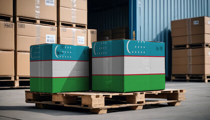 Stacked cardboard boxes and a Uzbekistan flag on a pallet, representing international trade