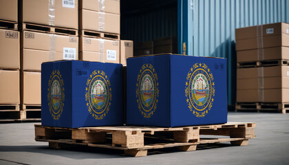 Stacked cardboard boxes and a New Hampshire flag on a pallet, representing international trade