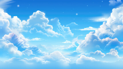 Blue sky with clouds. Anime style background with shining sun and white fluffy clouds. Sunny day sky scene cartoon vector generative ai illustration. Heavens with bright weather, summer season outdoor