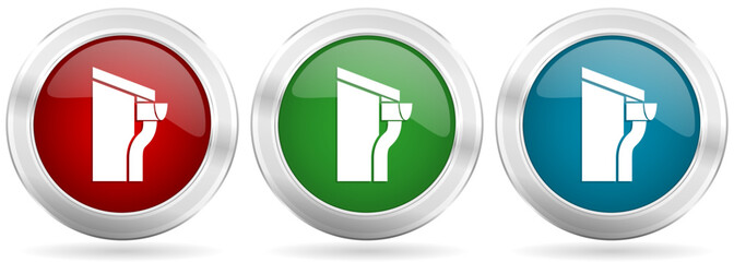 Poster - House with gutter vector icon set. Red, blue and green silver metallic web buttons with chrome border