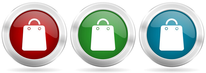 Leinwandbilder - Sale bag vector icon set. Red, blue and green silver metallic web buttons with chrome border