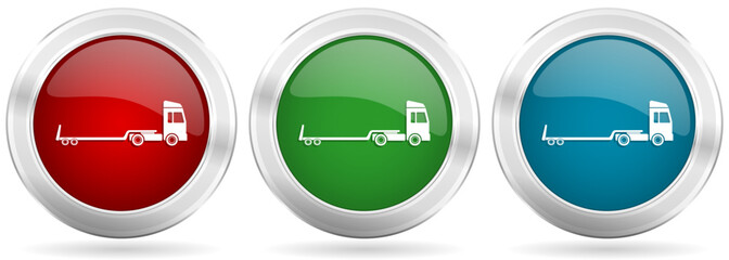 Aufkleber - Truck with tow trailer, long vehicle conept vector icon set. Red, blue and green silver metallic web buttons with chrome border