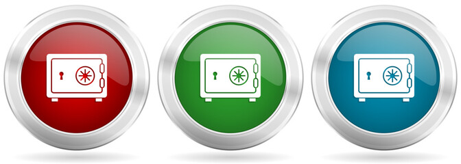 Aufkleber - Safe, bank, business vector icon set. Red, blue and green silver metallic web buttons with chrome border