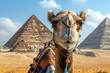 a cheerful camel, a symbol of the desert, poses against the background of the Egyptian pyramids in Giza, in Egypt
