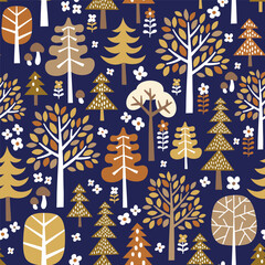 Seamless vector pattern with hand drawn trees. Scandinavian woodland illustration. Perfect for textile, wallpaper or print design.