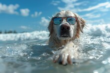 Happy Labrador Dog In Sunglasses Swims, Rides On The Waves, Catches A Wave With Delight, Showing The Adventurous Spirit And Playful Nature Of Our Furry Friends During The Summer Vacation