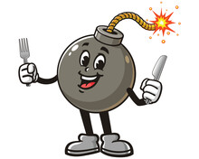 Bomb holding fork and knife cartoon mascot illustration character vector clip art hand drawn