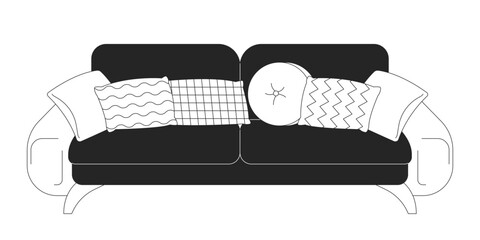 Poster - Cozy sofa with various pillows 2D linear cartoon object. Soft couch living room furniture isolated line vector element white background. Home interior design monochromatic flat spot illustration