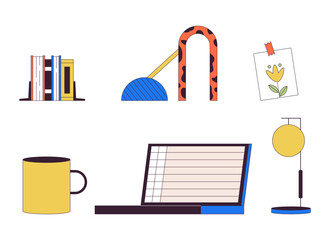 Fototapete - domestic life details 2d linear cartoon objects set. laptop with interior design accessories isolate