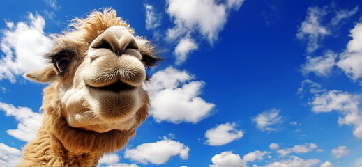 Sticker - Camel on a background of the blue sky with white clouds, panoramic layout. Generative Ai