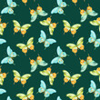 Seamless pattern of elegant beautiful tropical butterflies and plants isolated on background. Cute flying butterfly insects and leaves for decorative design elements.