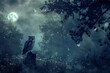 Owl Perching in a Moonlit Mystical Night. 
