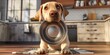 3D rendering of Hungry dog with happy eyes is waiting for feeding at kitchen. Cute labrador retriever is holding dog bowl in his mouth
