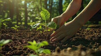 Wall Mural - Human hands carefully nurture a young plant, planting it into fertile soil, under the rays of the sun, symbolizing hope and growth..