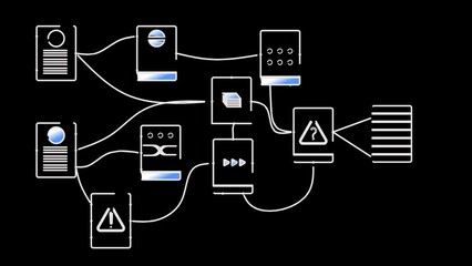 Icons with symbols of accumulation, transmission, analysis and classification of information on a black background. Cg