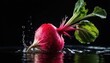 Vibrant radishes cascading into water, generating captivating splashes against a dramatic black background