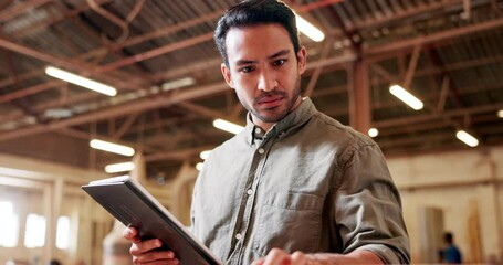 Canvas Print - Carpenter or man, tablet and check material for project, manufacturing and construction with technology. Engineer or employee, inspection and maintenance with connectivity or internet in warehouse