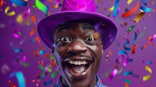 A Cheerful Man Wearing A Purple Hat Surrounded By Flying Colorful Confetti, Expressing Happiness.