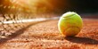 Close-up of a tennis ball on a clay court, glistening with morning dew and soft sunlight.