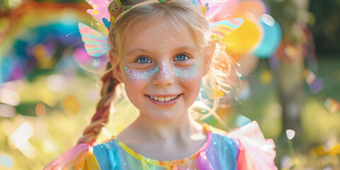 Cheerful six years old girl wearing rainbow fairy fancy dress celebrating birthday outdoors with colorful confetti and balloons. Children birthday party in a backyard.