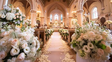 Luxurious church wedding aisle adorned with white flowers, perfect for matrimonial settings.