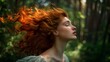 The vitality of youth and nature highlighted in a photo of a woman with radiant red hair, moving with grace in a forest setting, her bohemian style merging with the wild.