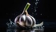 Fresh garlic plunging into water, creating dynamic splashes against a sleek black backdrop, a vibrant celebration of farm-fresh produce