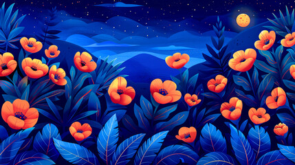 Cartoon night landscape, vector illustration of a moonlit forest scene