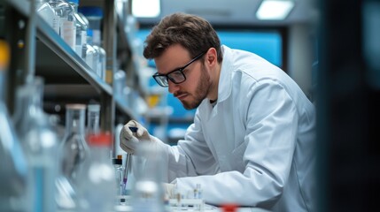 Poster - An engineer is conducting experiments in a science lab, wearing a lab coat. AIG41