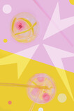 Fototapeta Kwiaty - Abstraction, photo mixed with graphics: drinks on pink and yellow background with different geometric shapes. Flat lay.