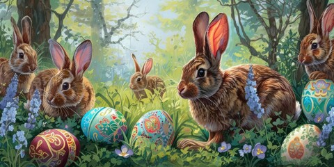 Poster - A rabbit, possibly a Mountain Cottontail or Audubons Cottontail, is nestled in the grass among Easter eggs, resembling a scene from a painting AIG42E